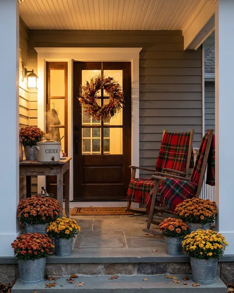 Cozy fall porch with mums, plaid throws and wreath