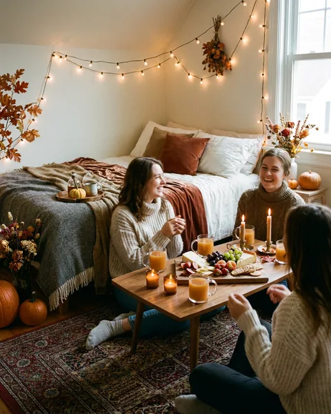 Cozy autumn gathering in a candlelit bedroom