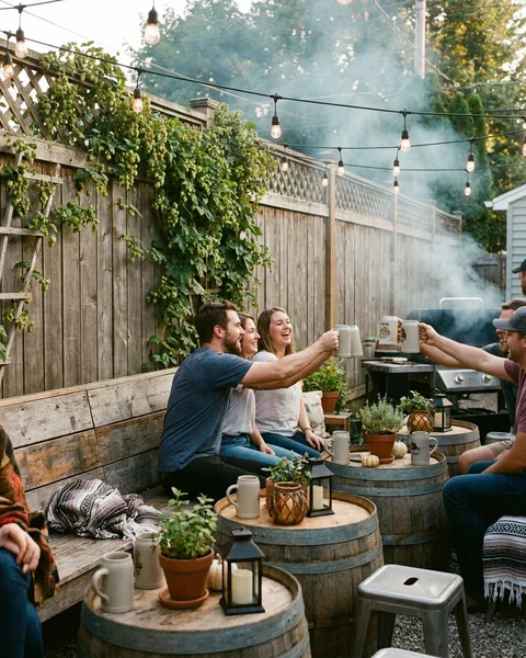 Backyard patio gathering with barrel tables and string lights