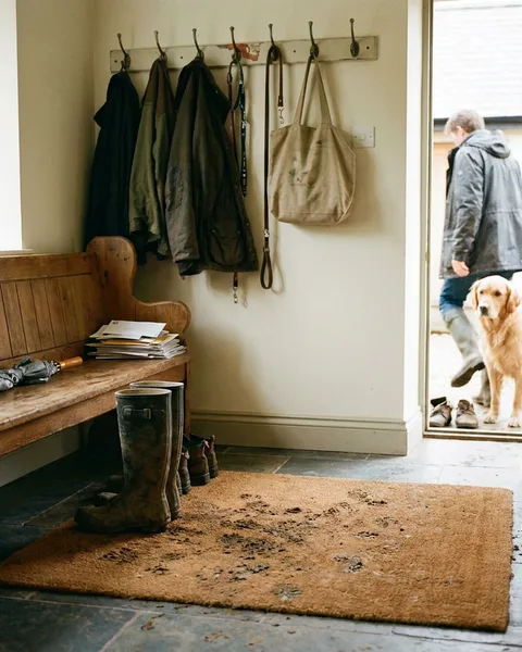 A boot room: bench, hook, mat