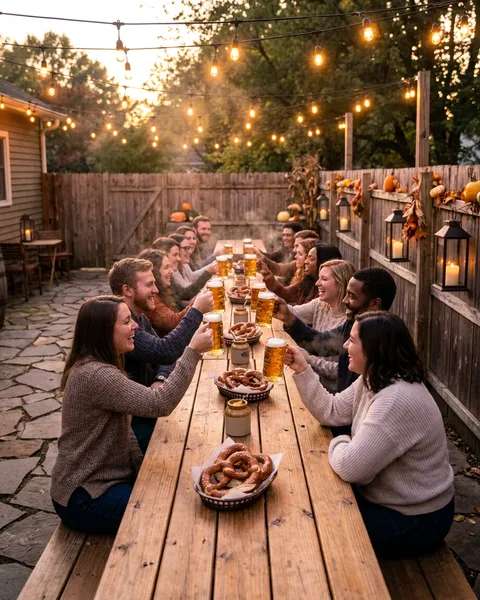 Backyard patio dinner party with string lights and pretzels