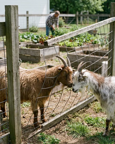 Two goats and the fence they will defeat