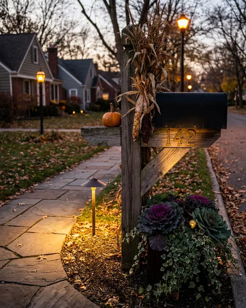Fall-decorated mailbox with landscape lighting at dusk