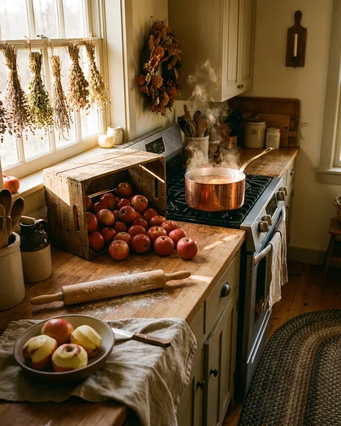 Steaming copper pot and fresh apples in a cozy farmhouse kitchen