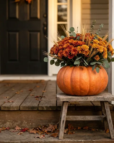 A pumpkin vase of flowers for the front