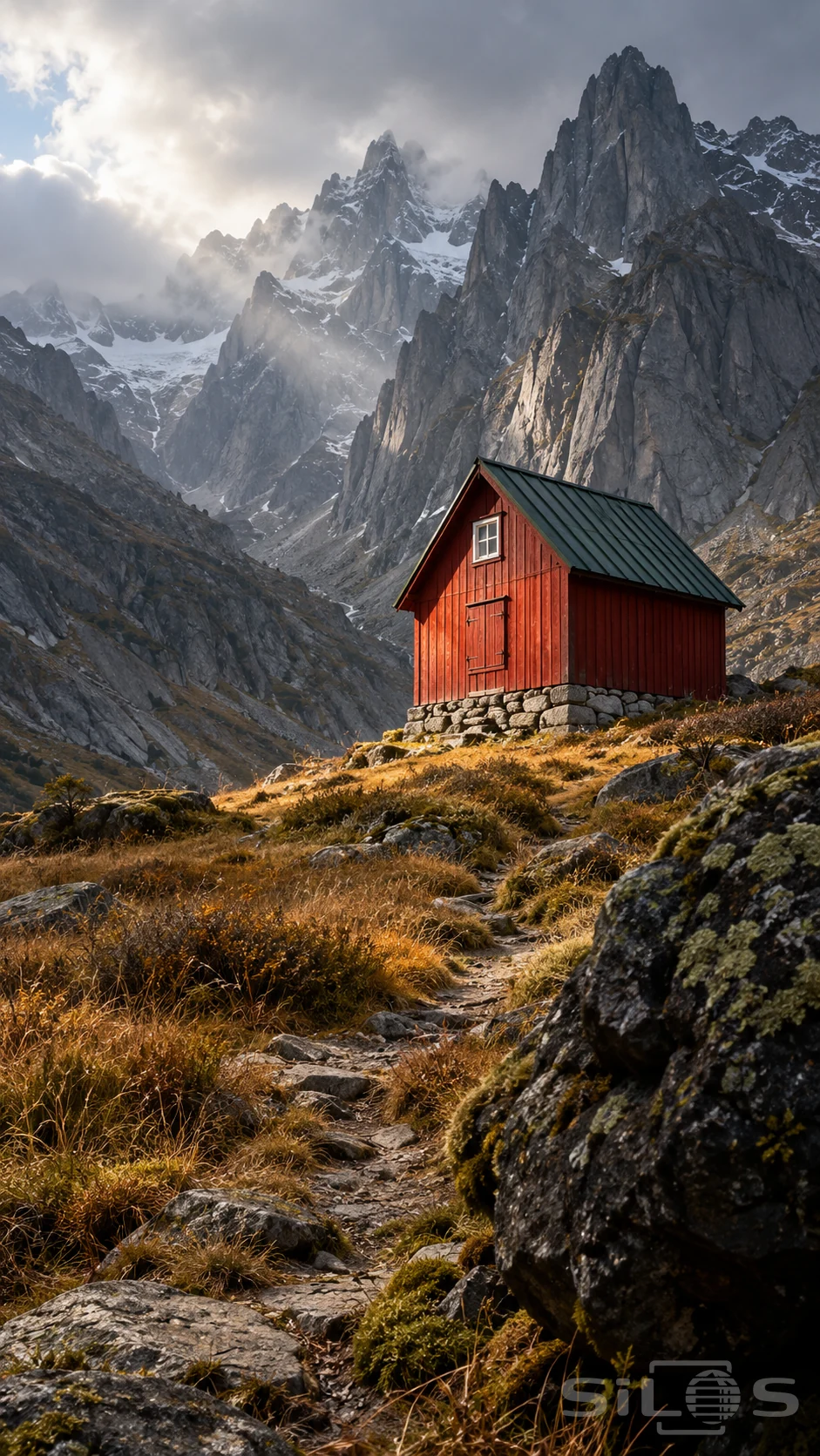 A red mountain refuge with a green gabled roof stands on stone beneath jagged gray peaks and patches of high snow.