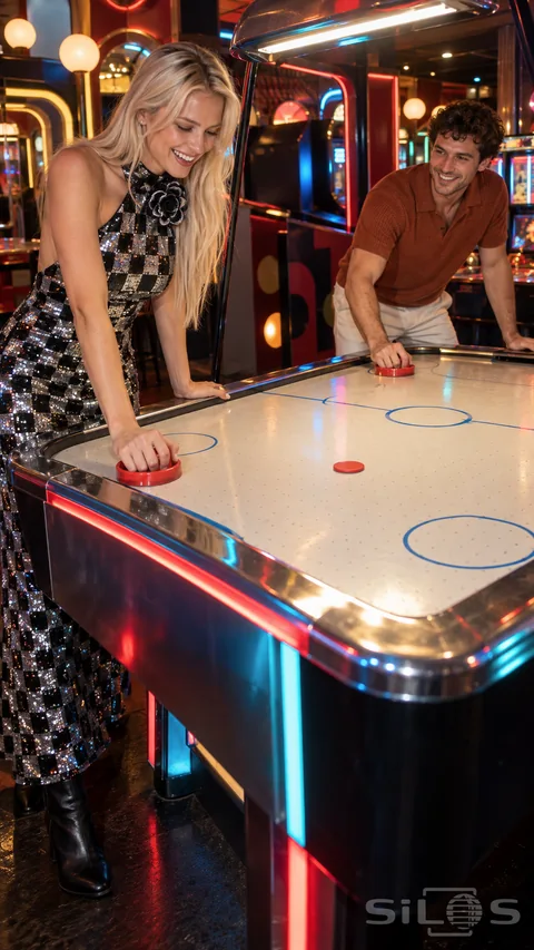 A woman in a black-and-silver sequin dress plays air hockey with a man in a warm-colored shirt.