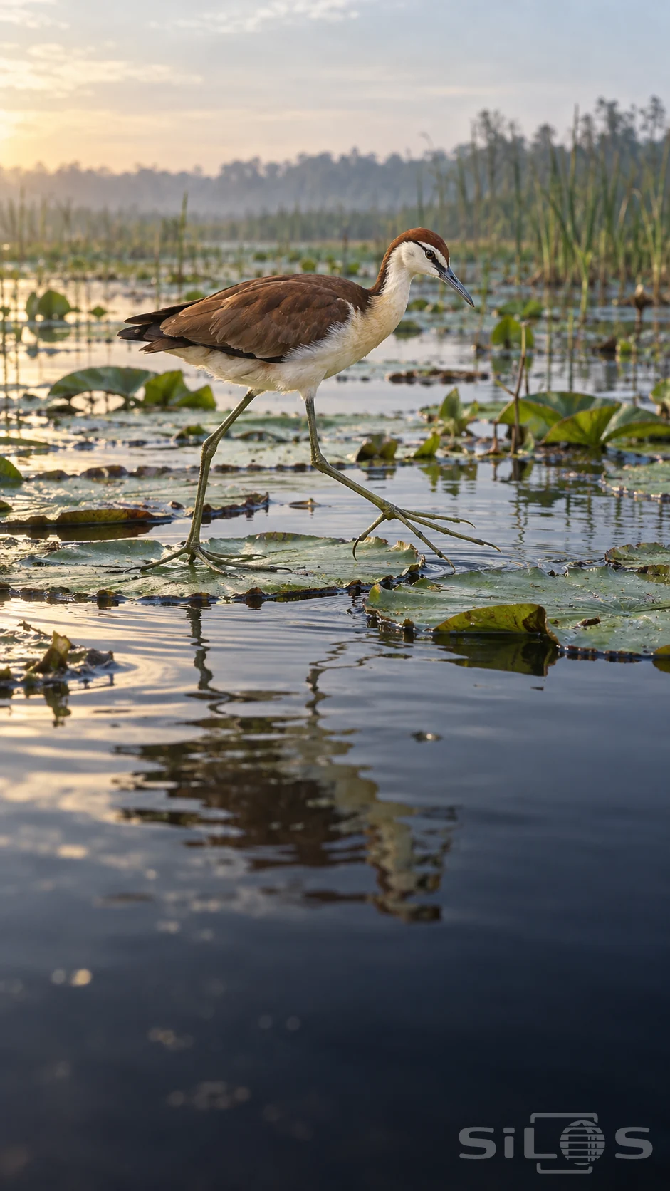 A brown-and-cream jacana steps across floating leaves, spreading its long toes over the water-supported vegetation.