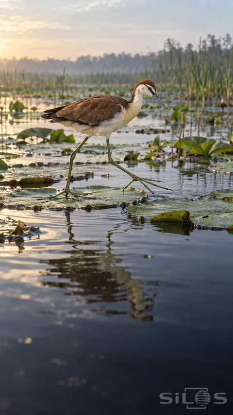 A brown-and-cream jacana steps across floating leaves; spreading its long toes over the water-supported vegetation.