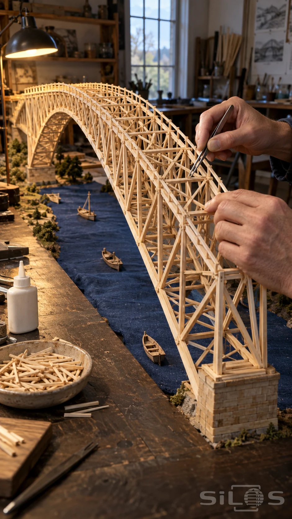 Adult hands add a brace to a matchstick bridge above miniature boats on a blue fabric river.