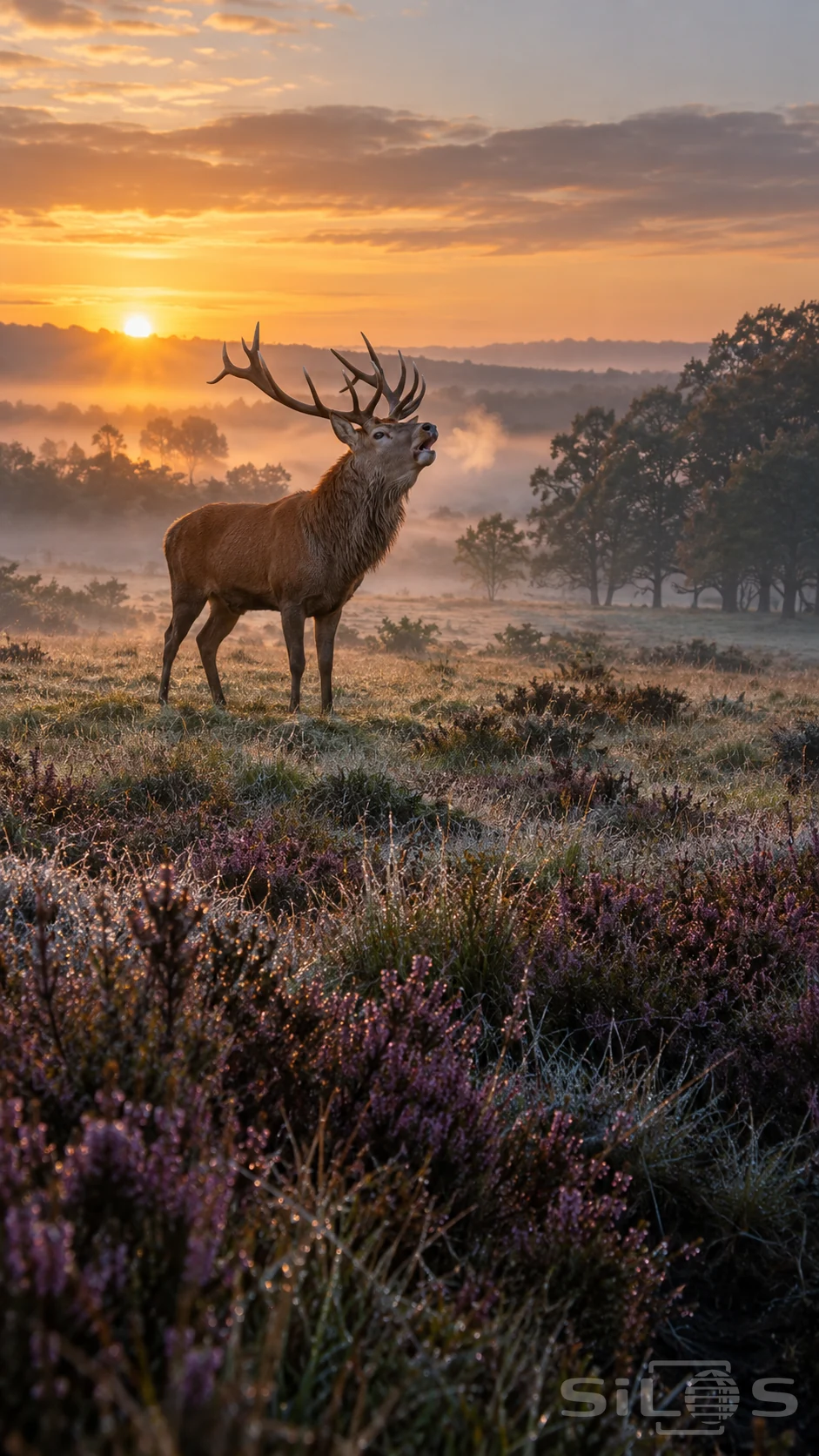A red deer stag lifts its open muzzle in golden mist above purple heather, with dark trees in the distance.