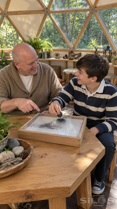 A father and teenage son smile over iron filings gathered beneath a small moving magnet inside a glazed timber dome.