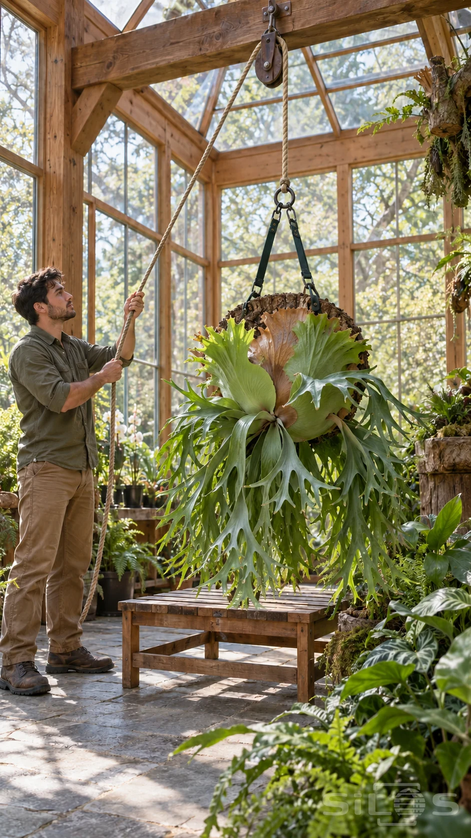 A gardener controls a load rope as a giant fern on a bark slab descends toward a wooden stand inside a sunlit timber glasshouse.