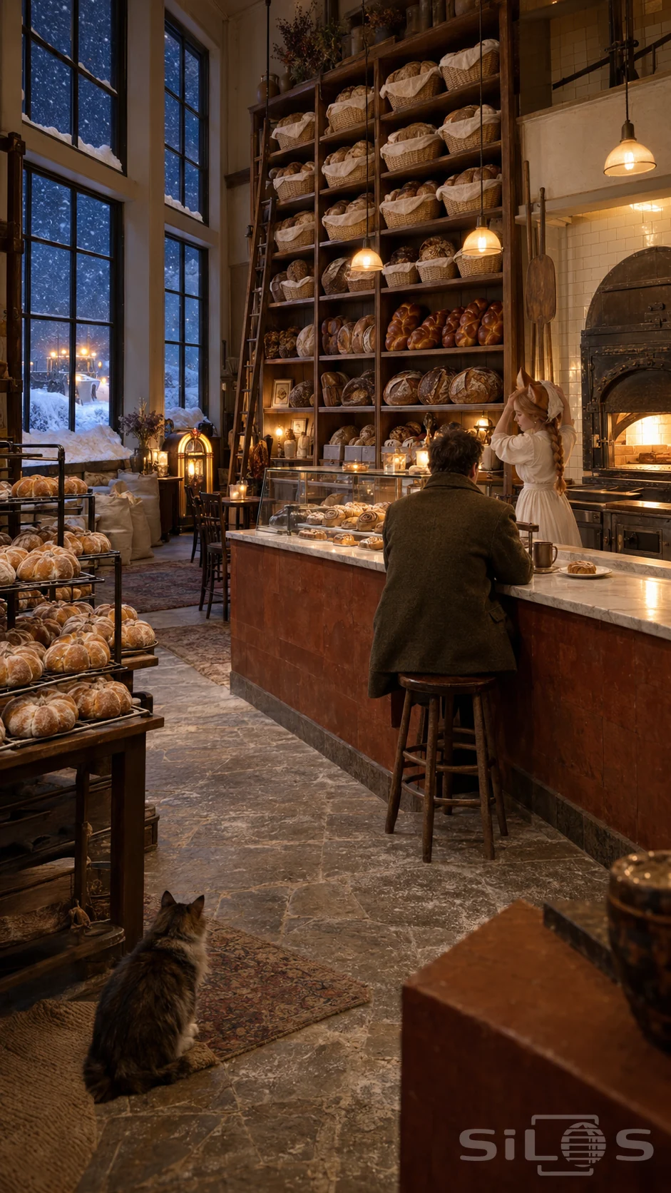 Tall bakery shelves filled with bread, pumpkin buns and a glowing oven, with a small fox-eared woman behind the counter and snow outside.