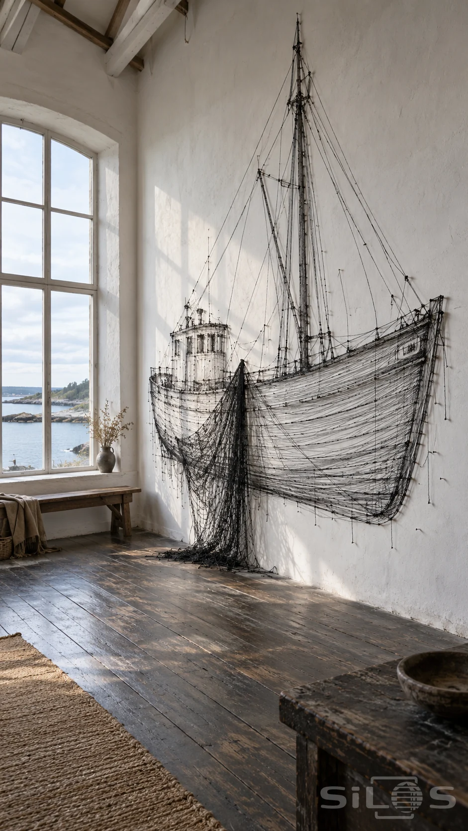 Black thread and small pins form a large fishing boat on a white wall, with loose netting falling toward the wooden floor.