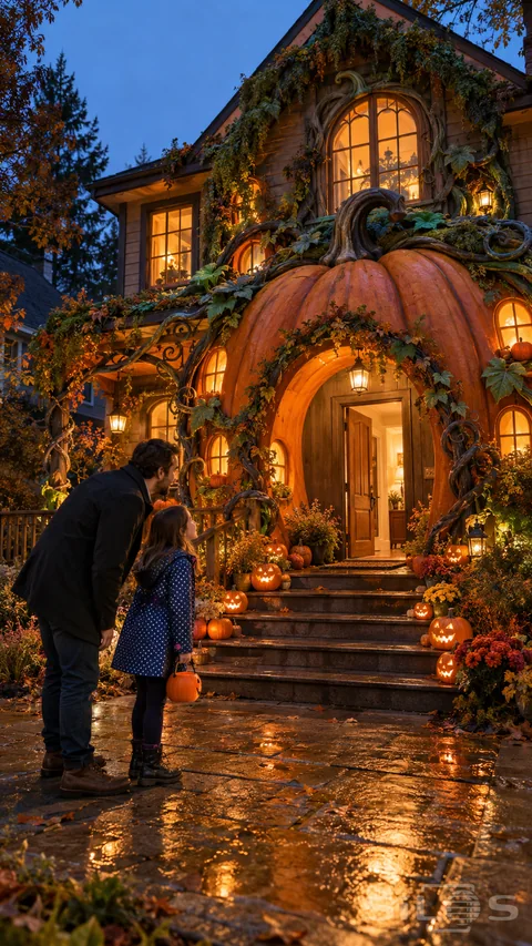 A father and daughter look into the glowing doorway of a pumpkin house with giant ribbed decorations and wet cobblestones.