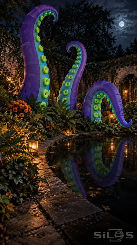Three giant tentacles made of purple fabric with cyan panels and lime suction cups stand beside a dark pond among ferns and lanterns.