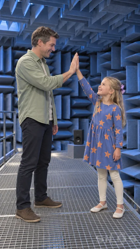 A blue acoustic room surrounds a father and daughter exchanging a shared high-five on a steel-mesh walkway.