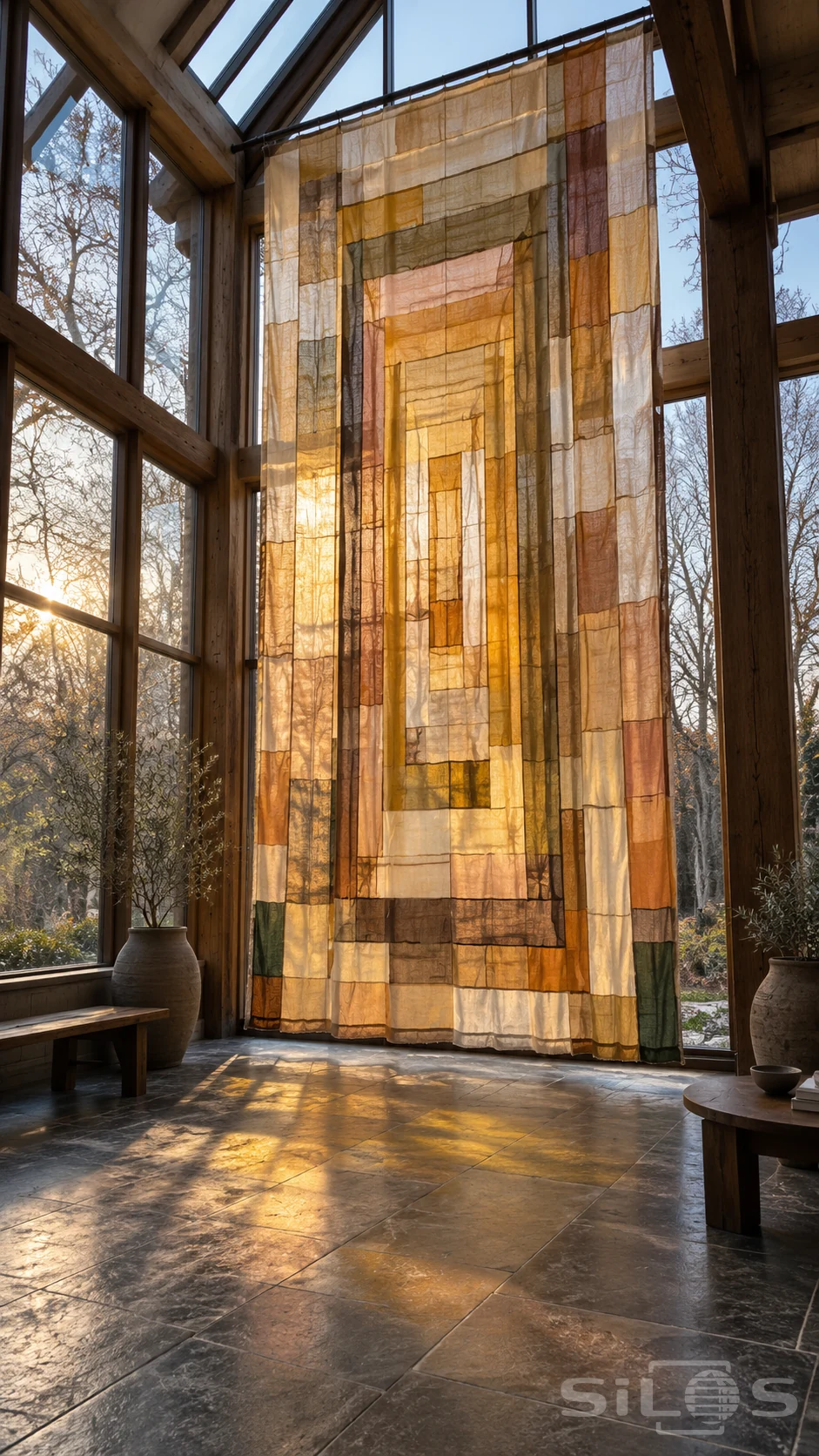 A tall patchwork curtain of amber, cream and olive rectangles glows in a timber conservatory, casting warm light across stone tiles.