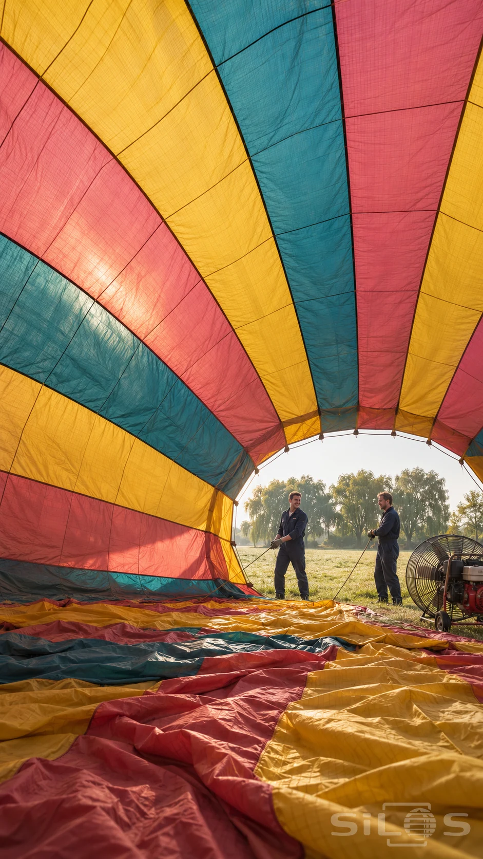 Balloon envelope interior with yellow, rose and turquoise translucent fabric, two ground crew and a guarded fan at the opening.