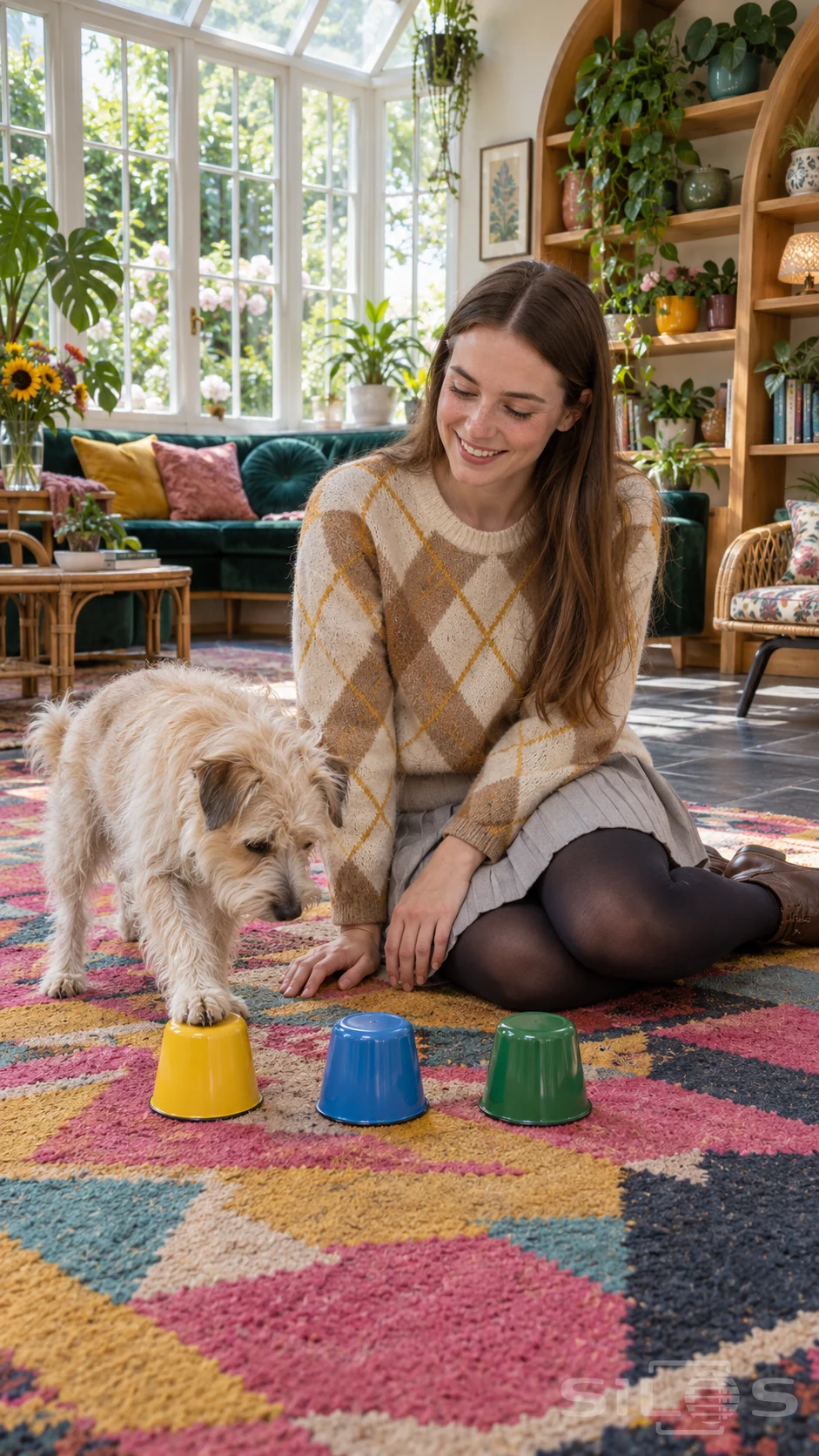 A shaggy dog rests its paw on a yellow cup while a smiling woman watches from a colorful rug in a bright sunroom.