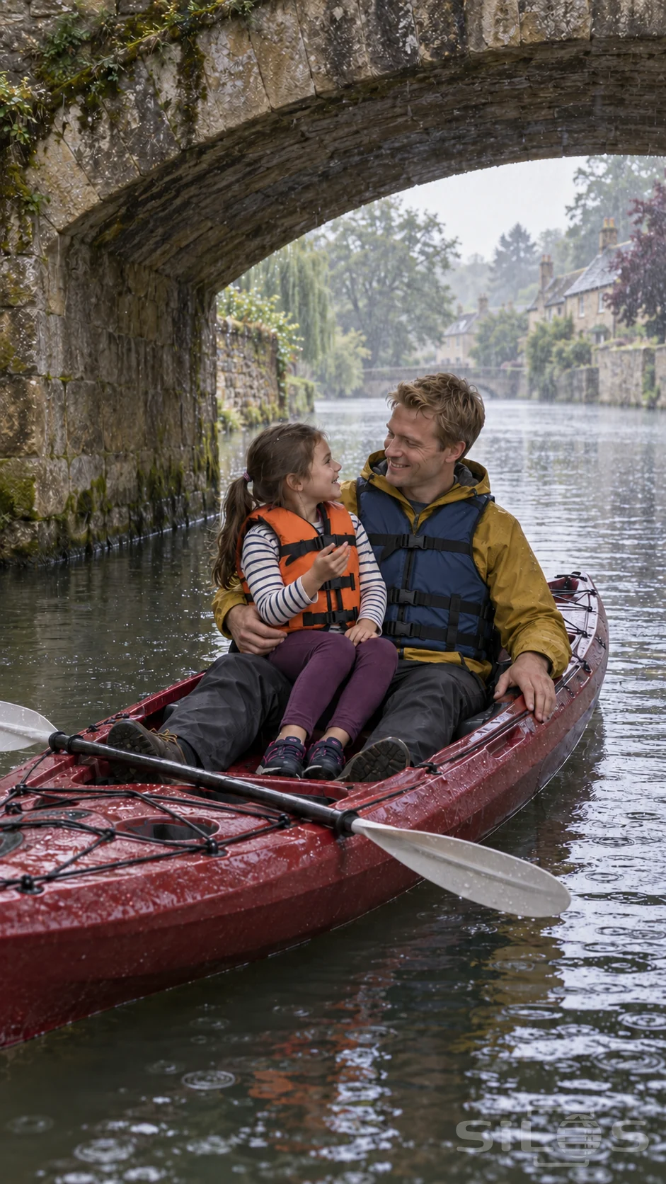 Rain falls beyond a stone canal arch as a daughter sits on her father’s lap in a burgundy kayak and they share a laugh.
