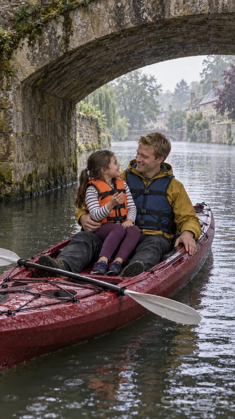 Rain falls beyond a stone canal arch as a daughter sits on her father’s lap in a burgundy kayak and they share a laugh.