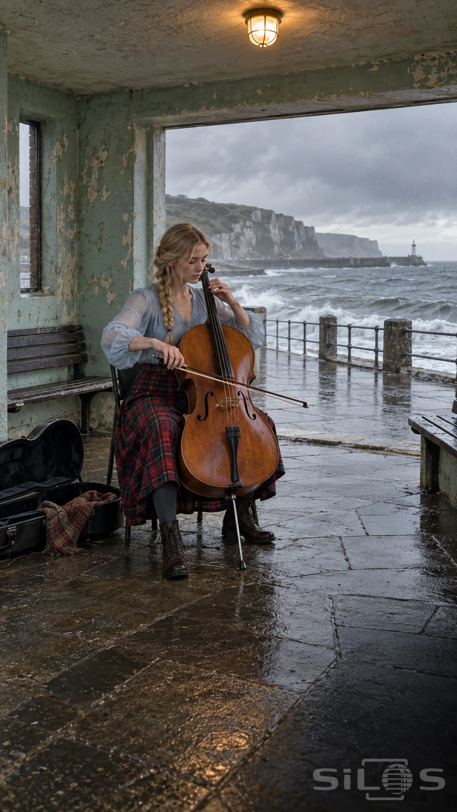 A woman plays cello music in a seaside shelter, wearing a blue blouse and red tartan skirt with gray water beyond.