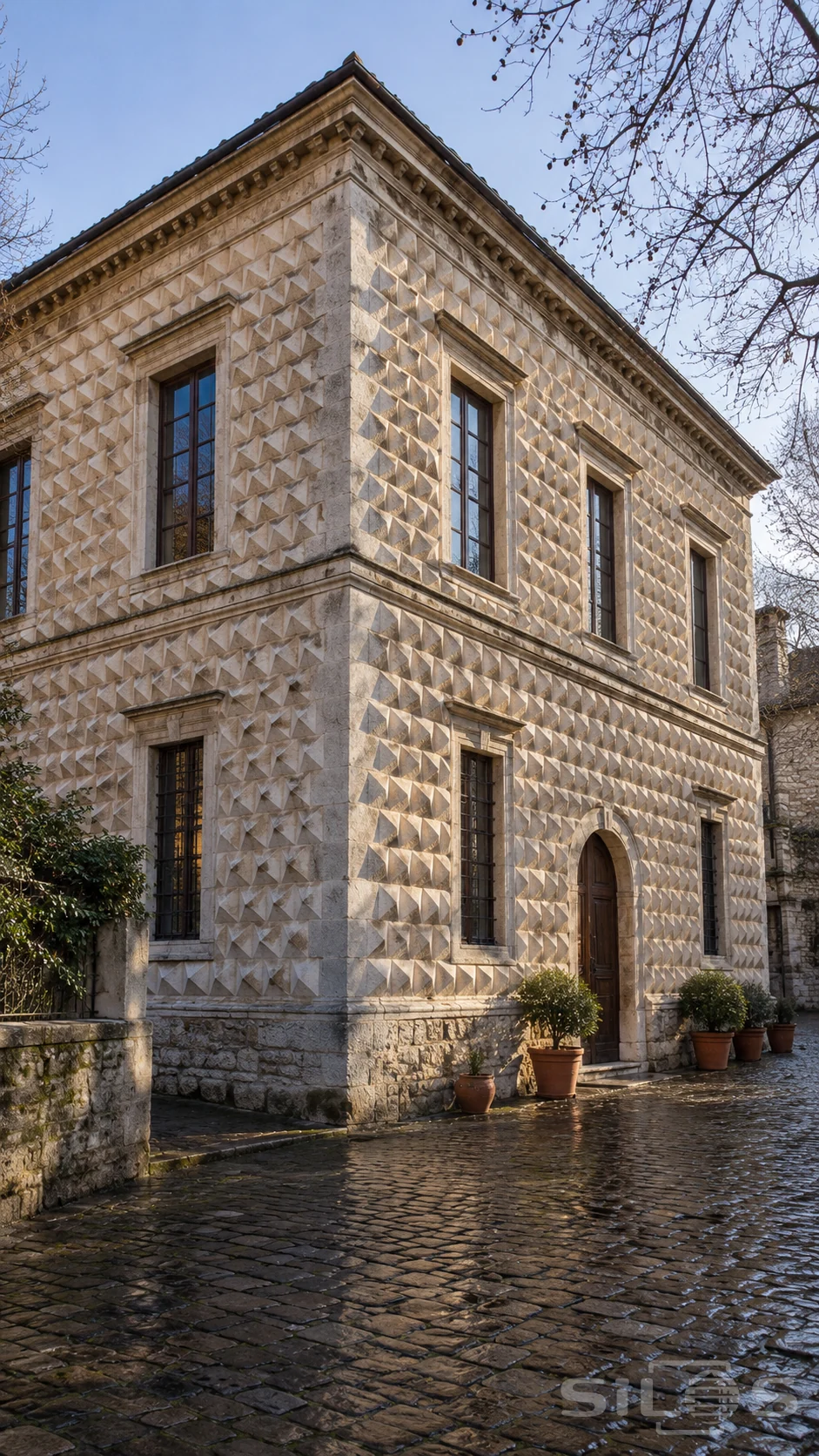 Pale pointed limestone blocks cover a two-storey corner house above wet cobbles and terracotta pots.