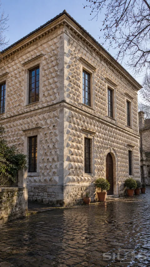 Pale pointed limestone blocks cover a two-storey corner house above wet cobbles and terracotta pots.