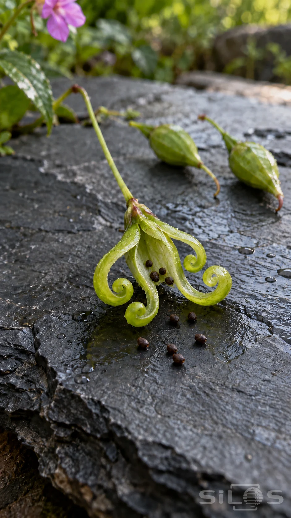 An open impatiens seed pod with curled green valves and tiny brown seeds on wet slate beneath two closed pods.