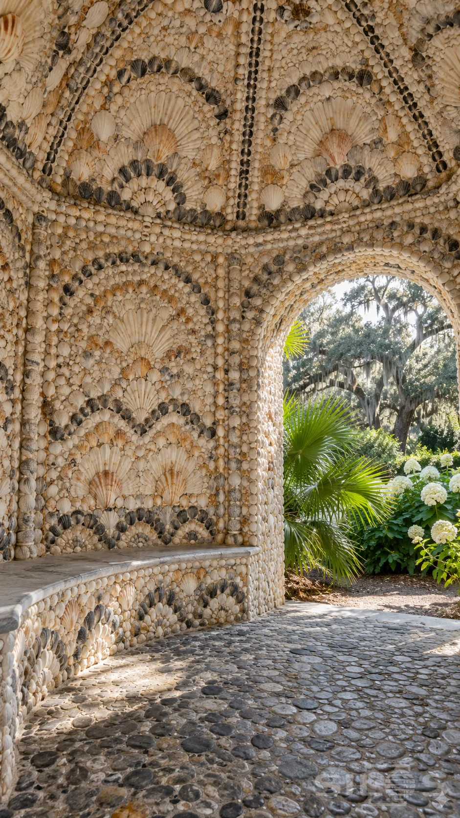 A coastal shell grotto with fan-shaped shell mosaics and a curved bench opens onto palms and white hydrangeas.