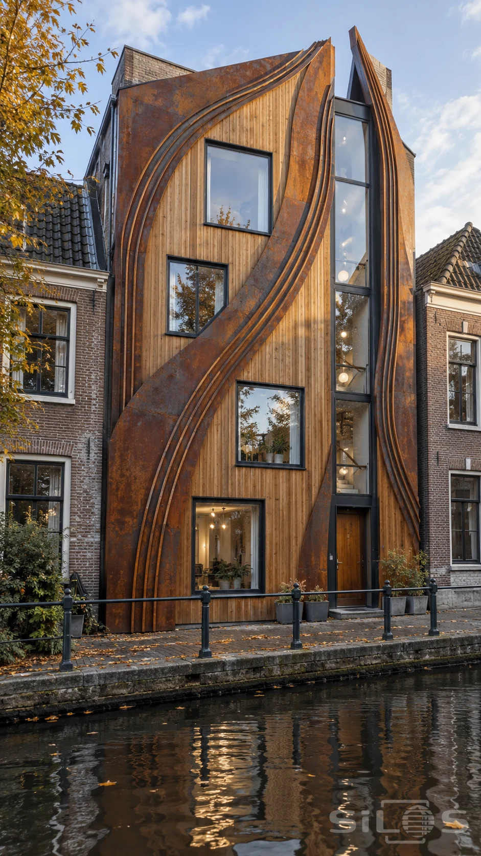 Tall timber house wrapped in flowing rust-colored steel ribbons beside a canal, with square windows and a glazed stair bay