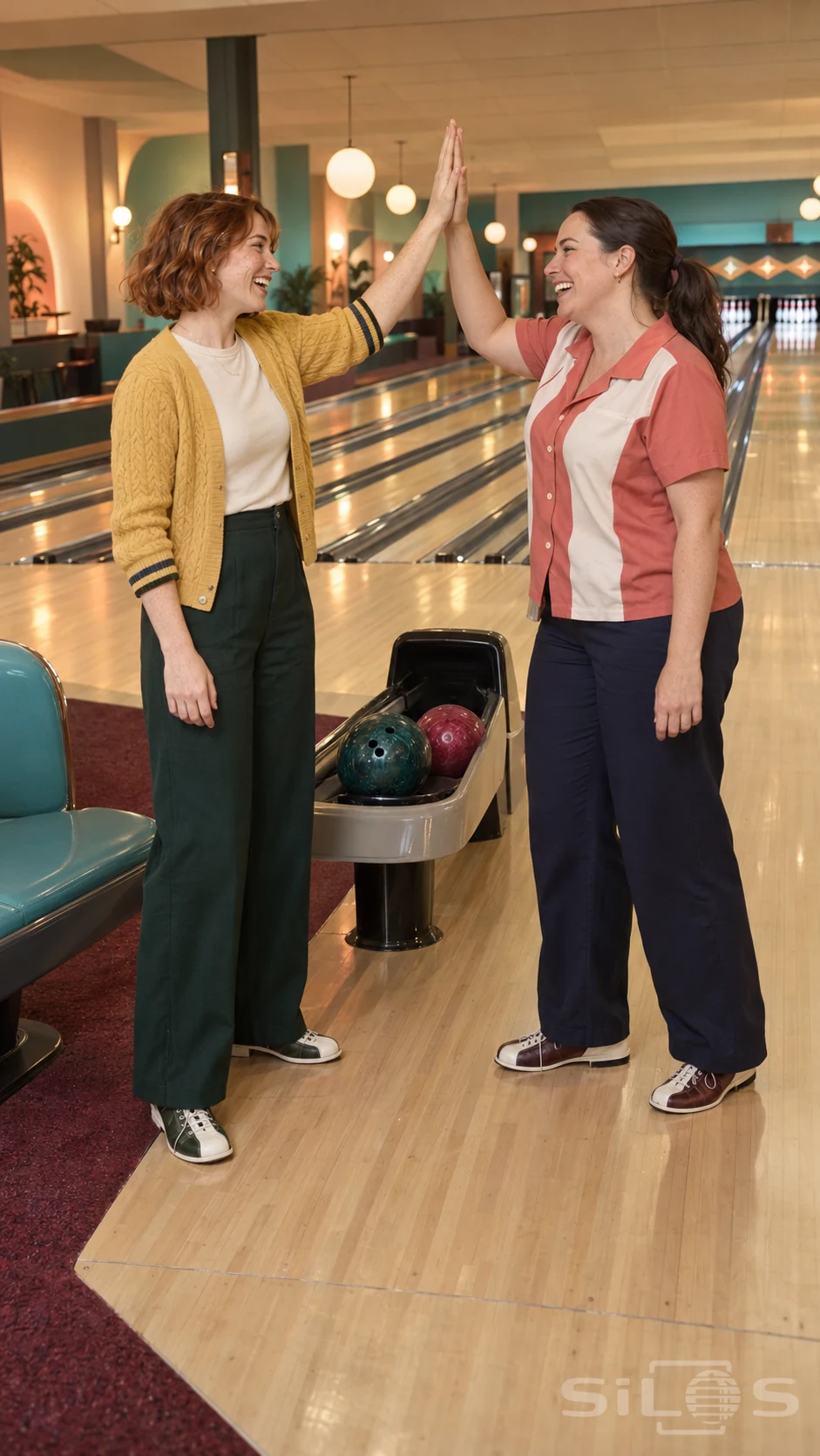 Two friends share a bowling high five beside a ball return and maple lanes in a warm retro bowling room.