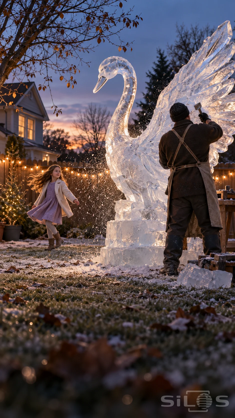 A sculptor works on a large ice swan in a garden while a girl in a lilac dress turns through drifting ice flakes