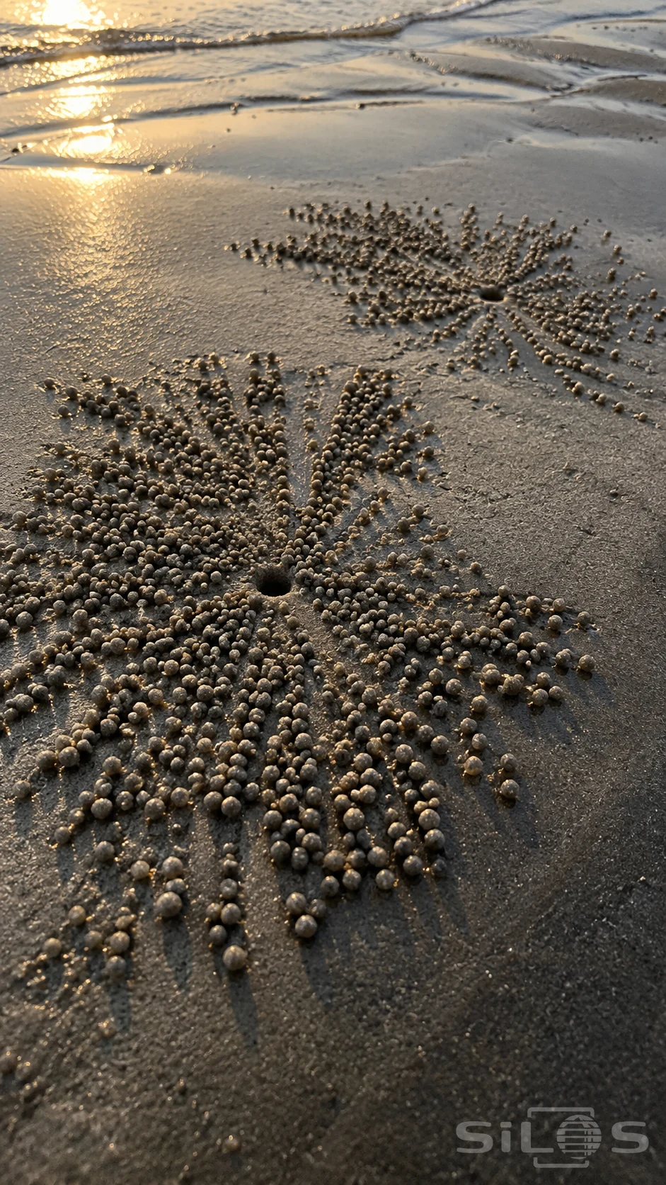 Tiny sand balls form two uneven radiating patterns around dark burrow openings on wet sand beside a shallow wave.