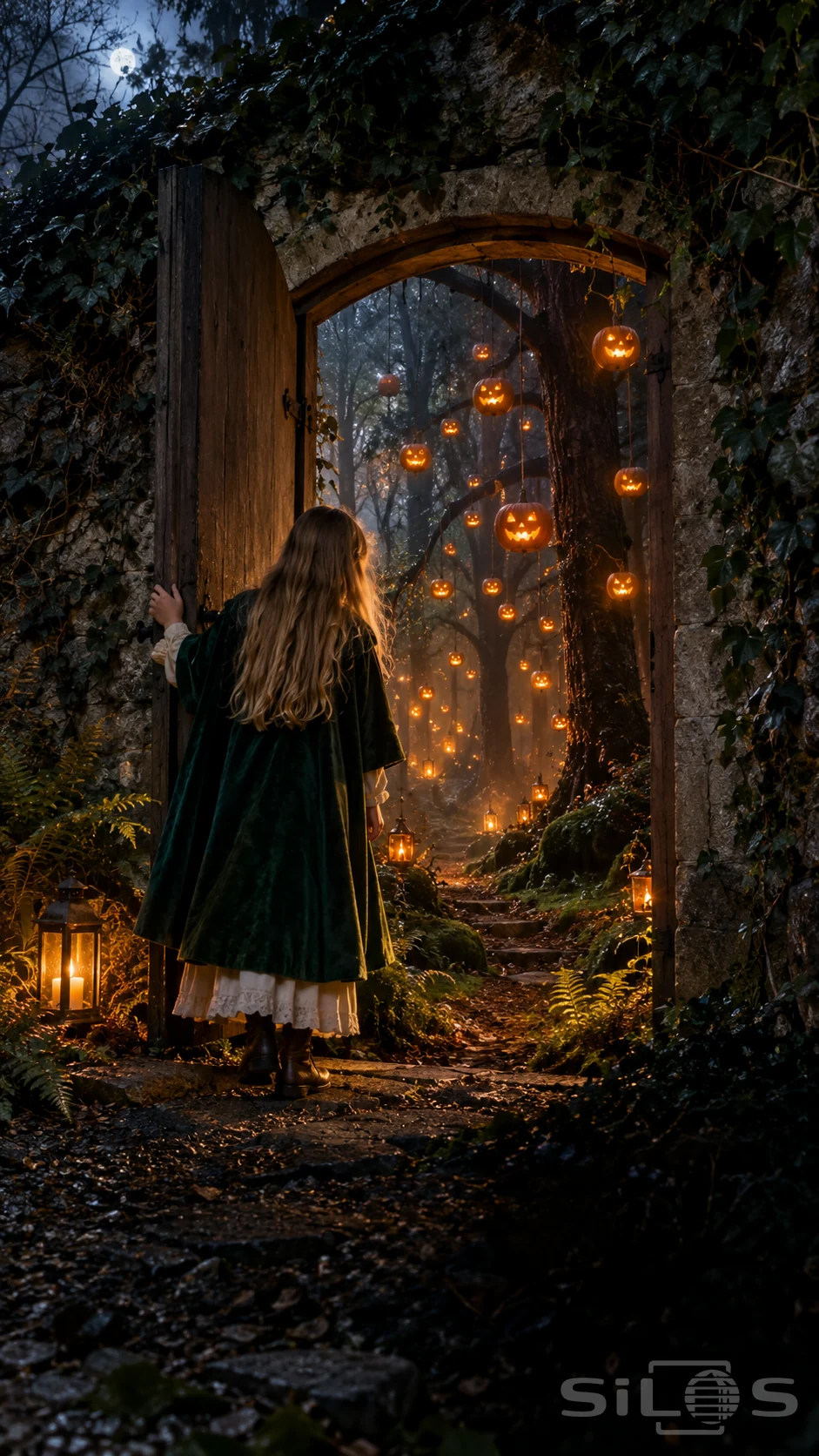 A girl in a green velvet cape opens an arched garden door onto a misty forest filled with hanging pumpkin lanterns