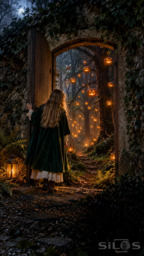 A girl in a green velvet cape opens an arched garden door onto a misty forest filled with hanging pumpkin lanterns