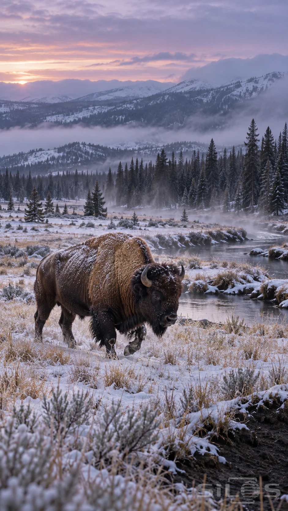 A bison crosses the frosted meadow with snow on its brown coat, dark spruce trees and misty hills behind it.