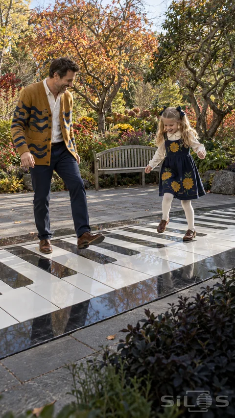 Garden piano duet with a father and daughter stepping onto different giant black-and-white keys beside colorful garden beds and a wooden bench.
