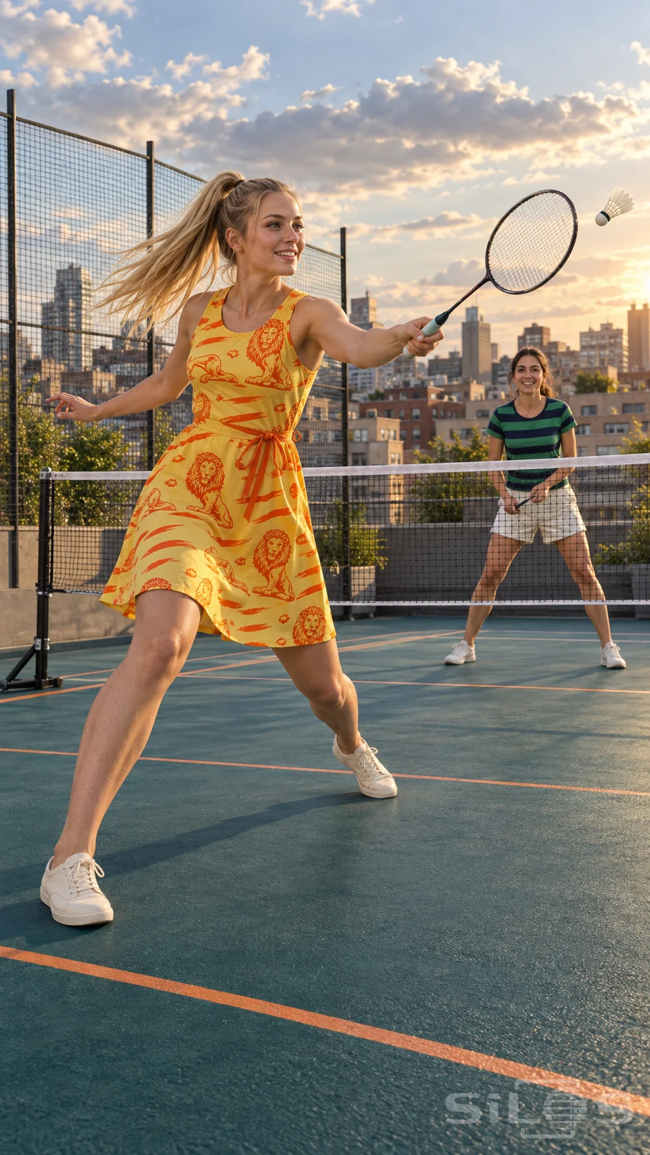 A woman in a yellow lion print dress reaches with a racket during rooftop badminton while her friend waits across the net.