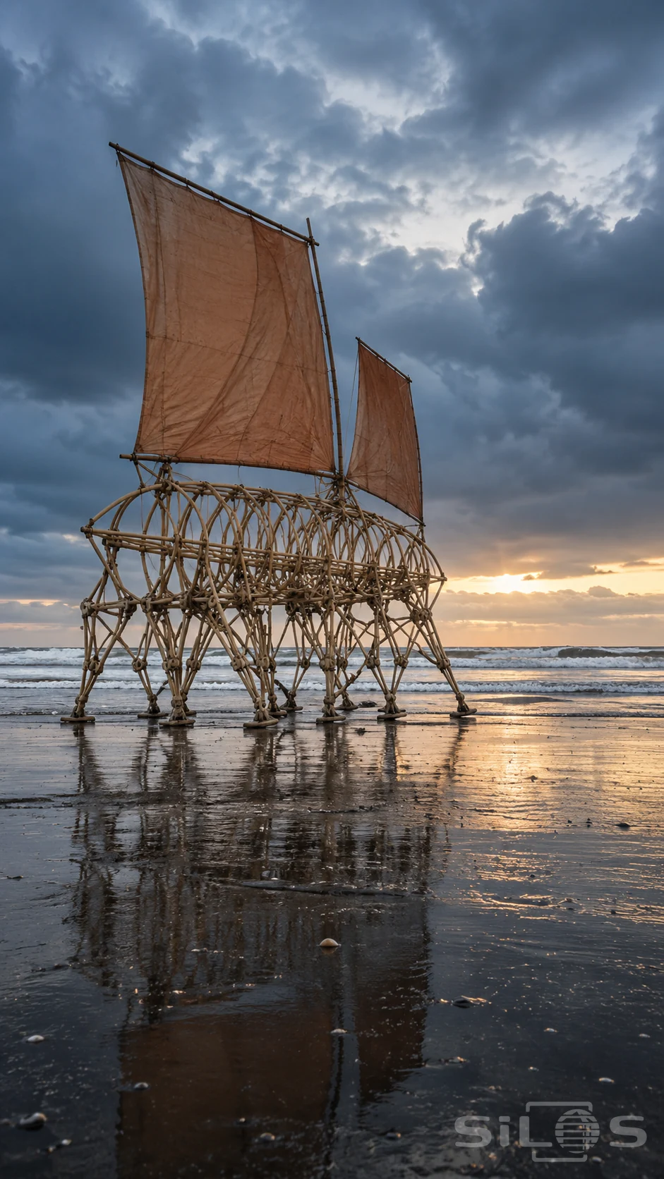 A wind walking sculpture with jointed legs and terracotta sails on wet sand beneath a clearing coastal sky.