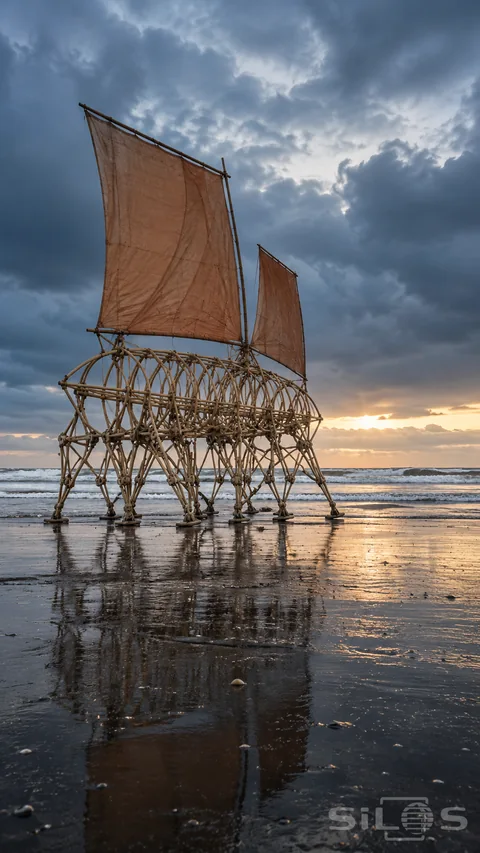 A wind walking sculpture with jointed legs and terracotta sails on wet sand beneath a clearing coastal sky.
