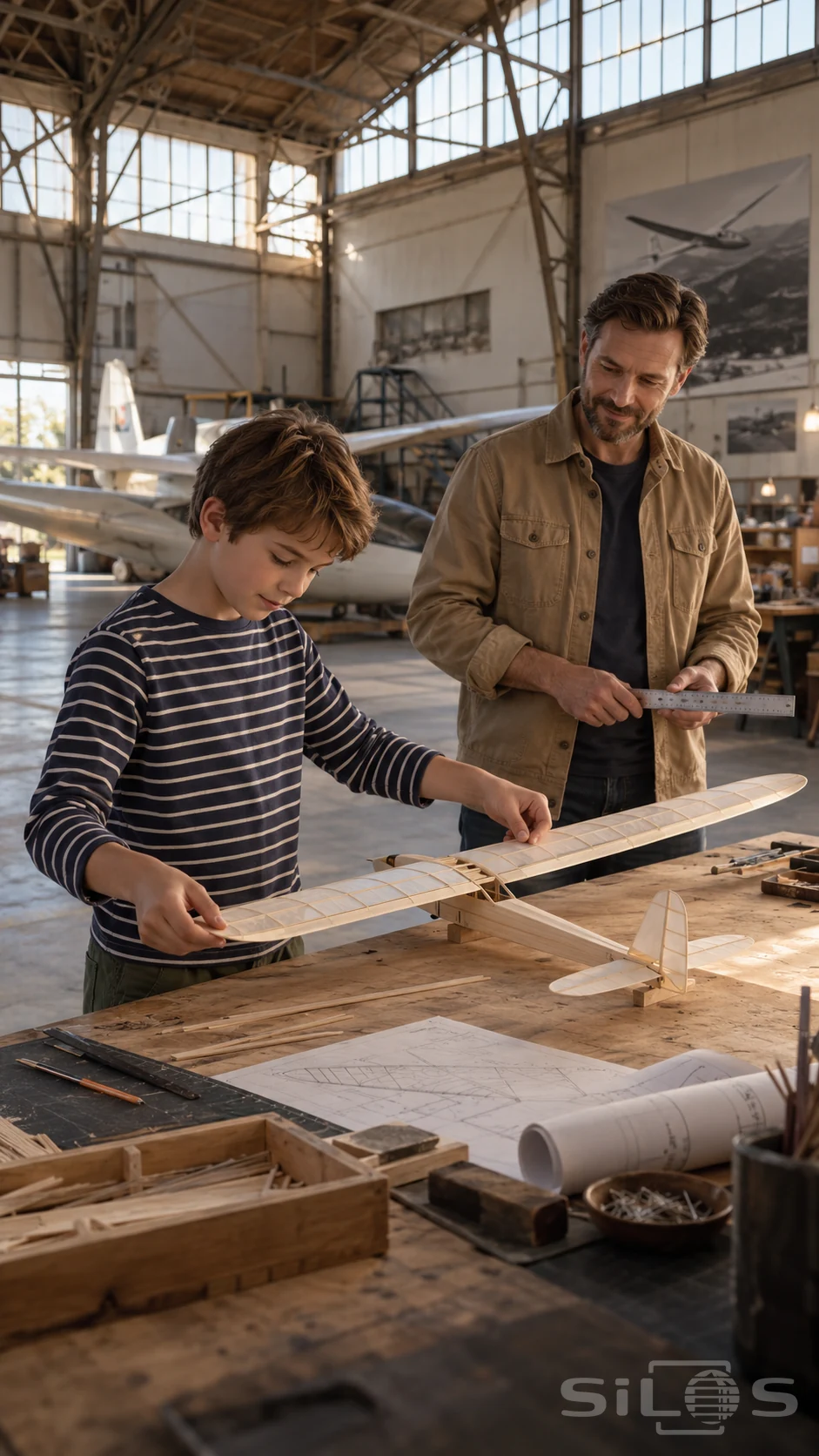 A father and young son carefully fit a balsa wing to a model glider on a wooden worktable inside an aircraft hangar.