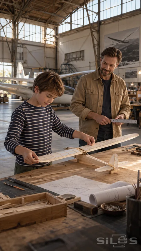 A father and young son carefully fit a balsa wing to a model glider on a wooden worktable inside an aircraft hangar.