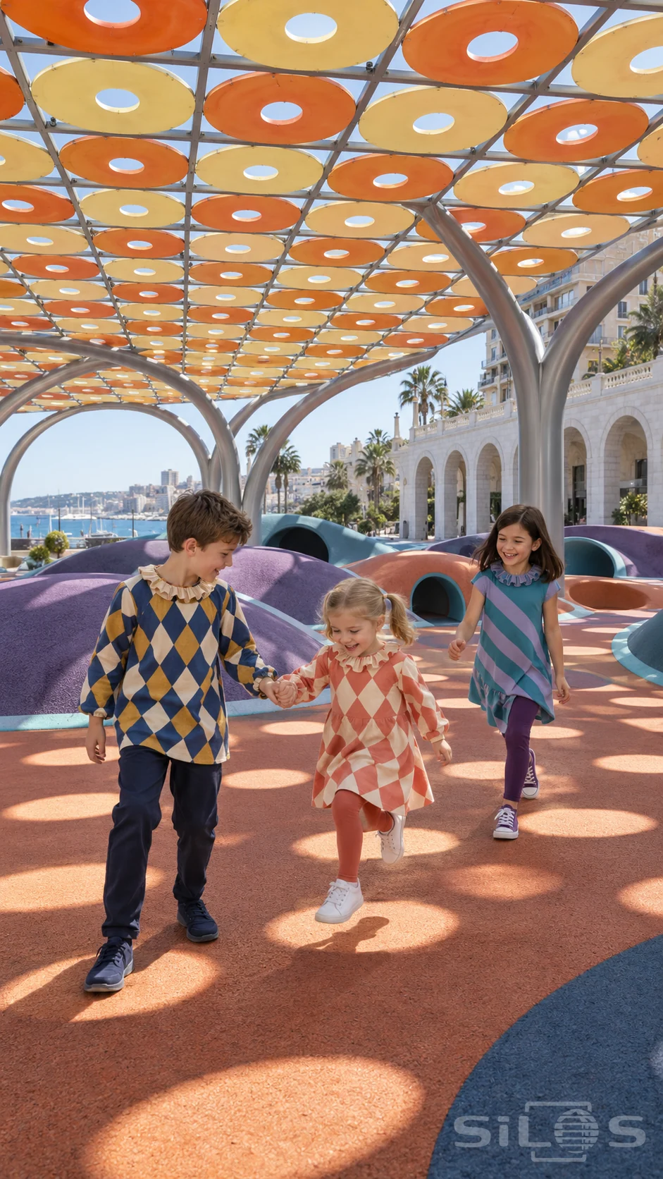 Sun circle hopping under an orange canopy as a boy helps his little sister and an older girl follows across bright round patches.