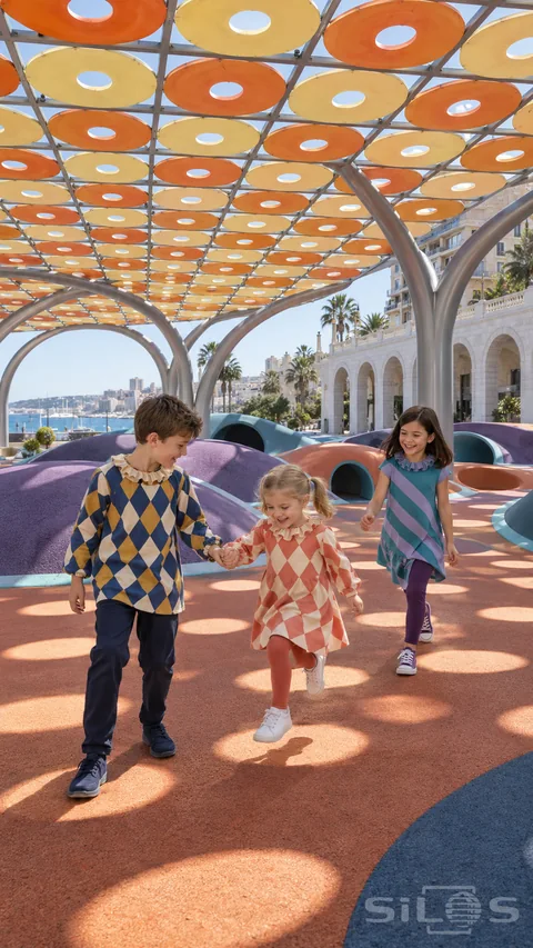 Sun circle hopping under an orange canopy as a boy helps his little sister and an older girl follows across bright round patches.