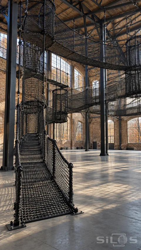 Suspended black rope walkways and tall mesh tubes connect above a concrete floor inside a brick industrial hall.