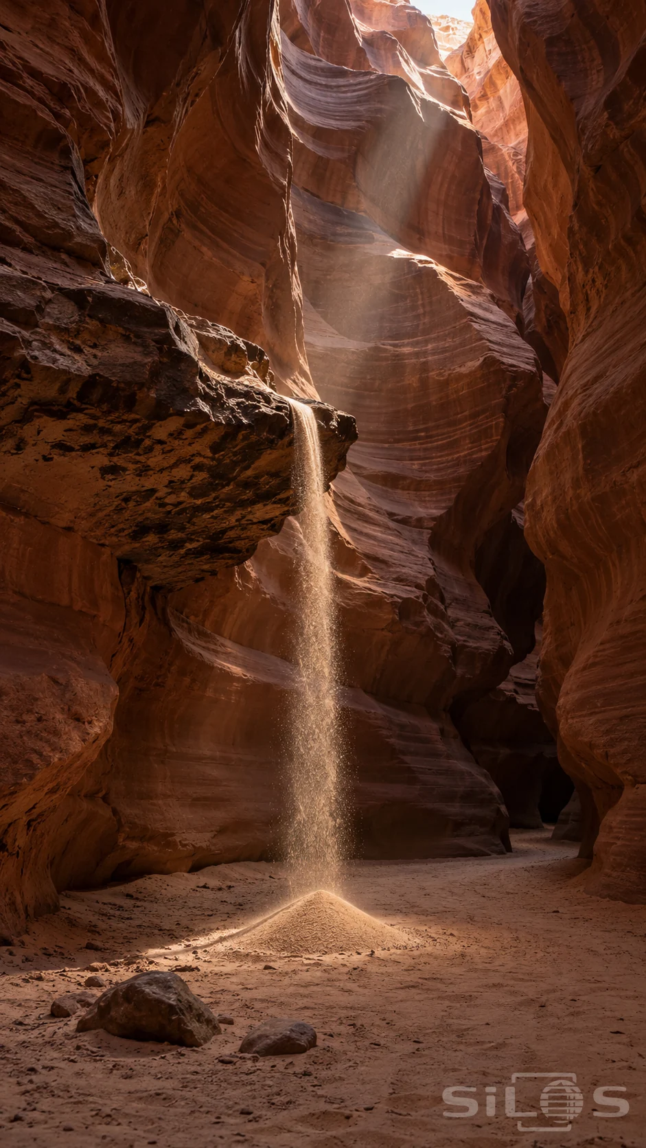 Dry sand falls from a dark sandstone shelf into a small cone on the floor of a tall red canyon, lit through an opening above.