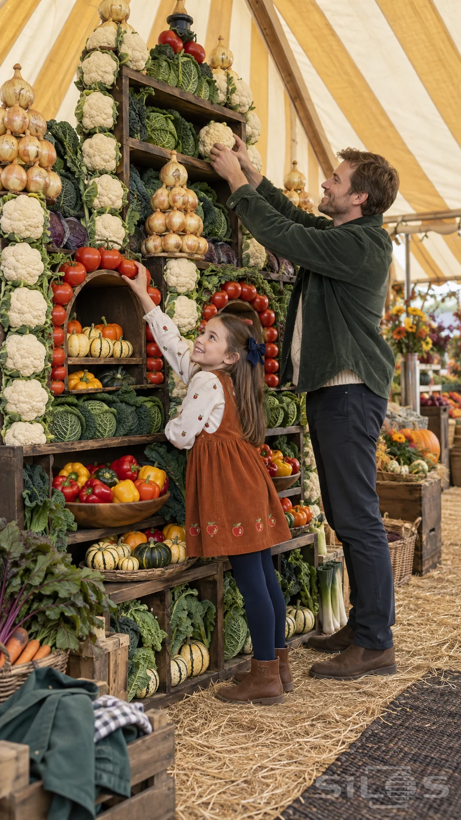 Vegetable harvest palace with a father lifting cauliflower as his daughter reaches toward tomatoes beneath a striped marquee.